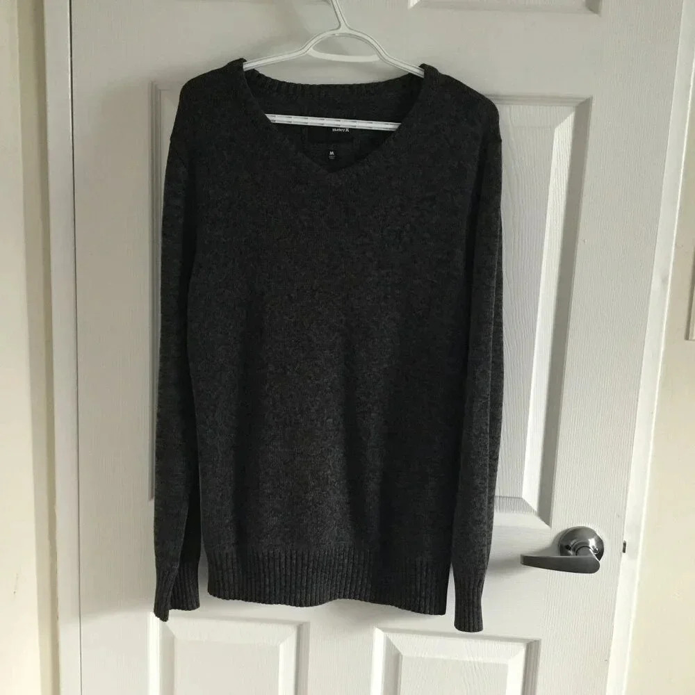 Hurley Knit V Neck Grey / Black 100% Cotton Sweater Dark Academia Office SZ M